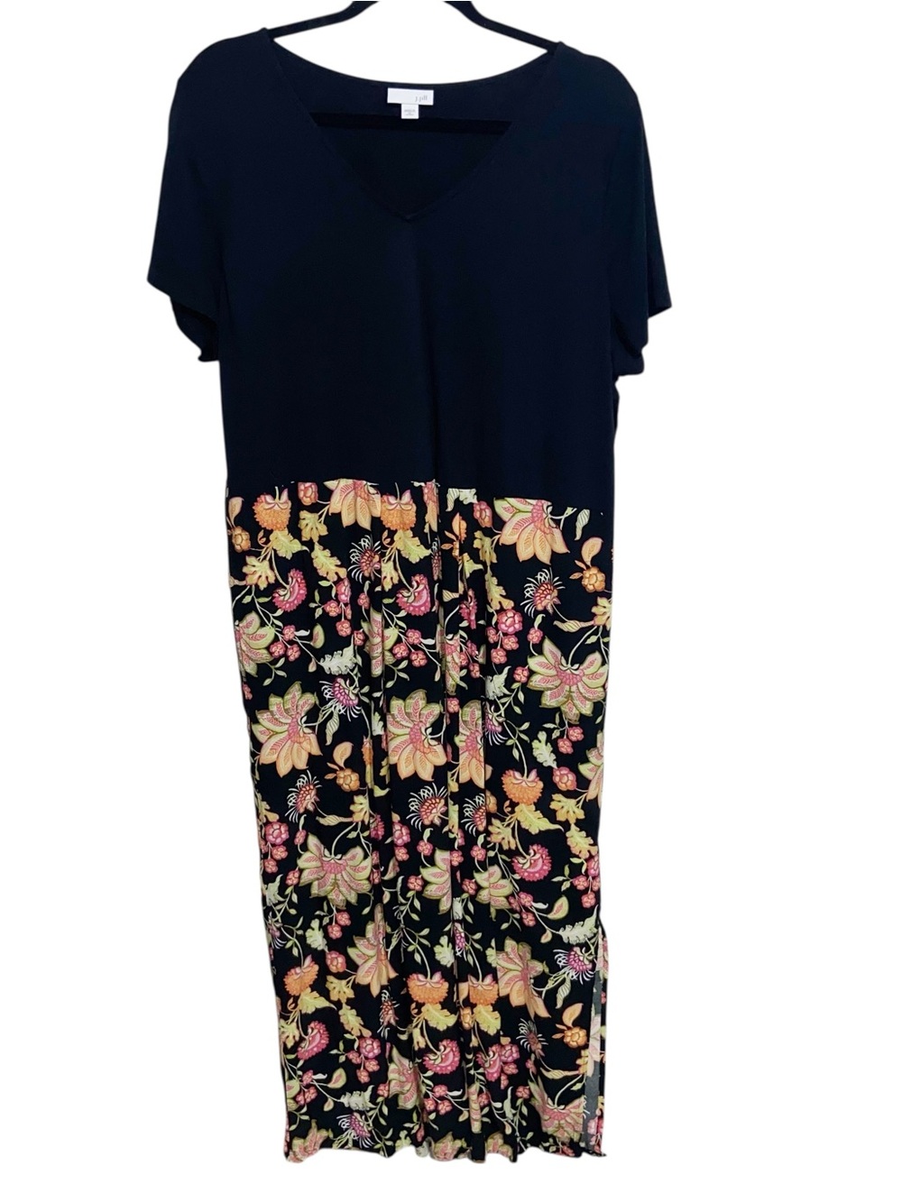 J Jill Dress Womens XL Petite Long Maxi Black Floral Vneck Pockets Resort Boho
